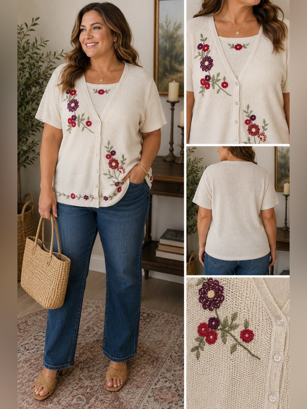 Vintage Alfred Dunner Embroidered Floral Cardigan Sweater Cream XL Cottagecore